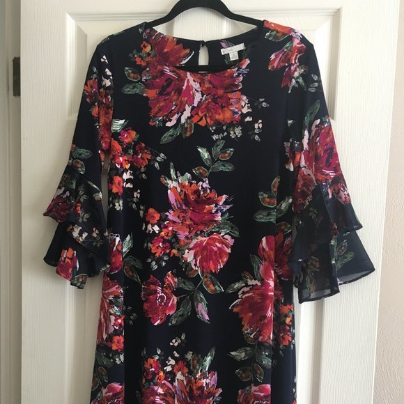 Floral A-line Dress on a Navy Background - Picture 1 of 5